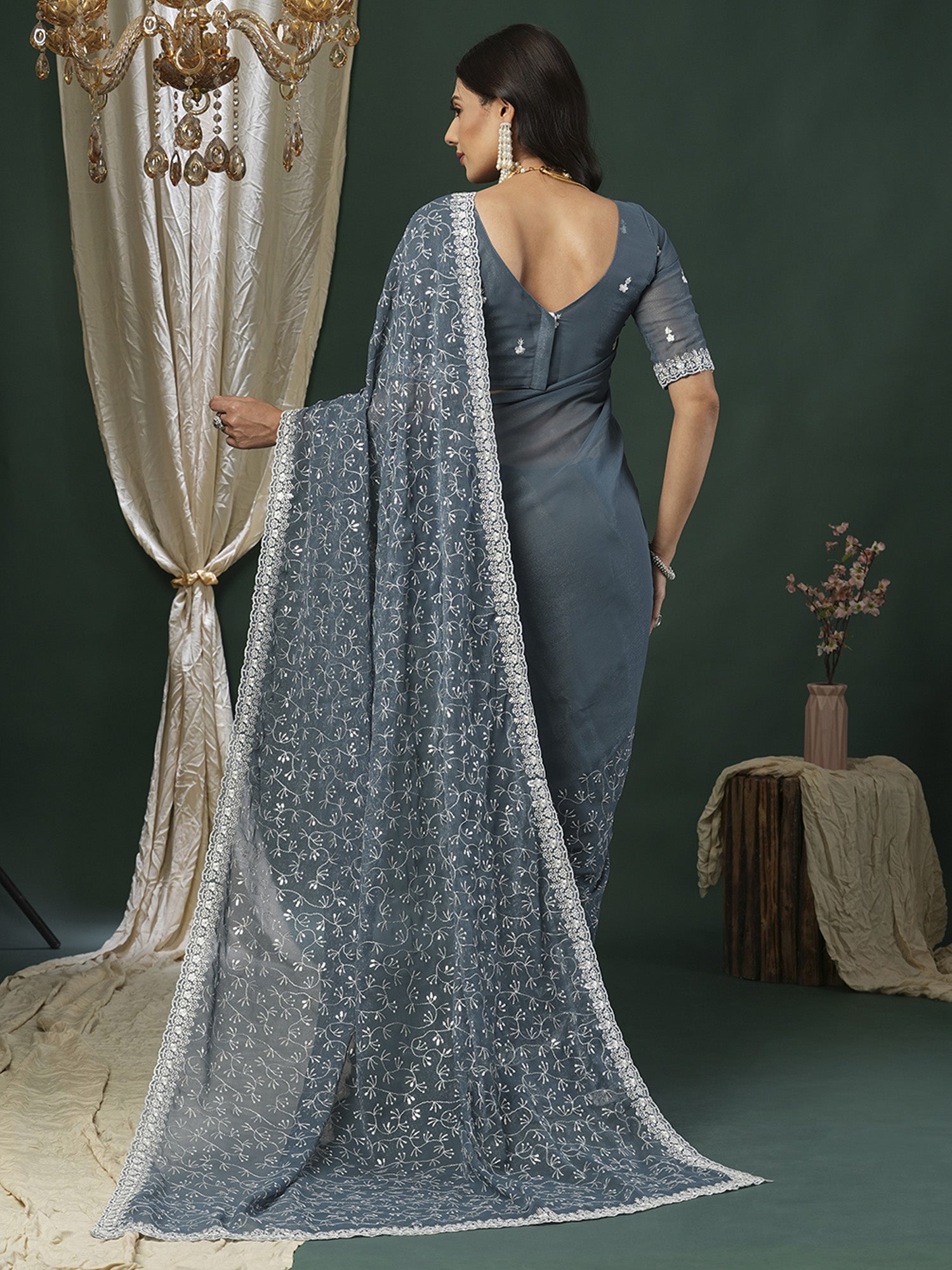Steel Blue Organza Embroidered Saree with Sequin Border - Ressa