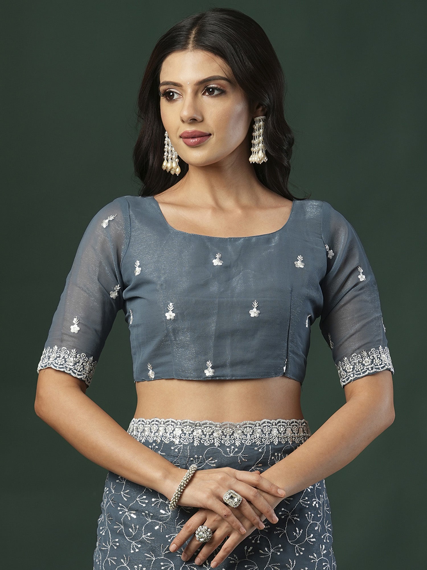 Steel Blue Organza Embroidered Saree with Sequin Border - Ressa