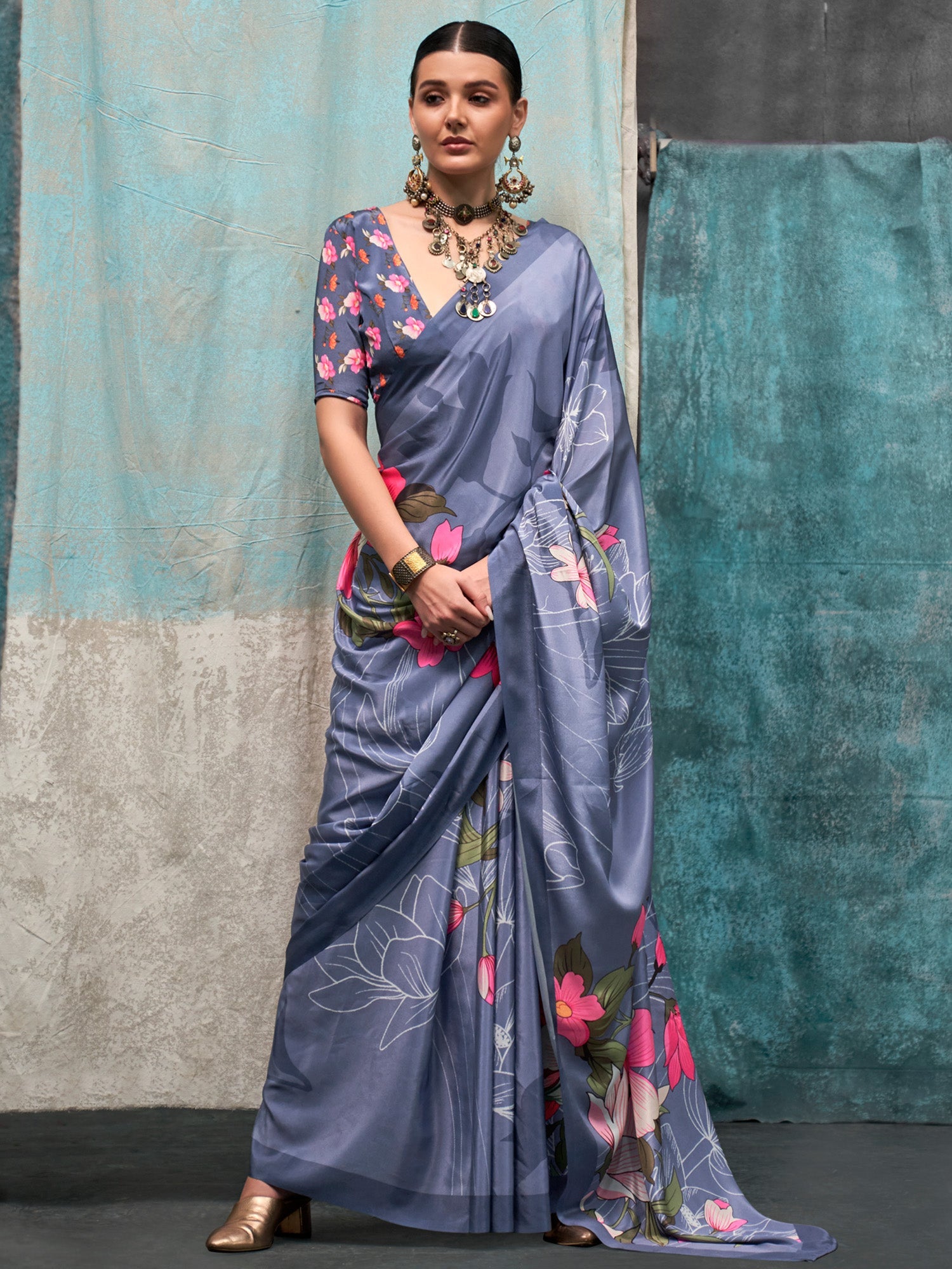 Steel Blue Silk Blend Heritage Floral Print Saree - Ressa