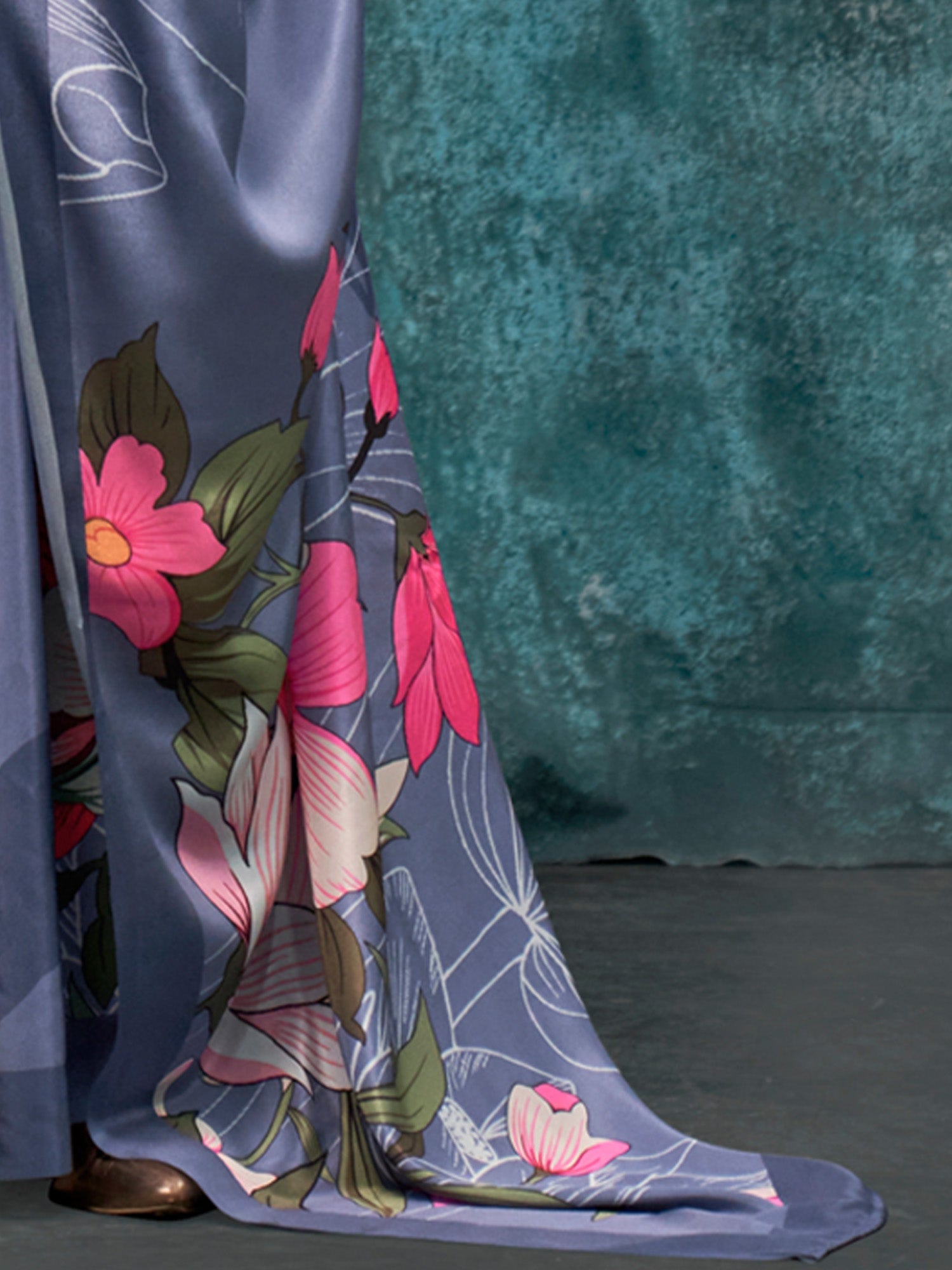 Steel Blue Silk Blend Heritage Floral Print Saree - Ressa