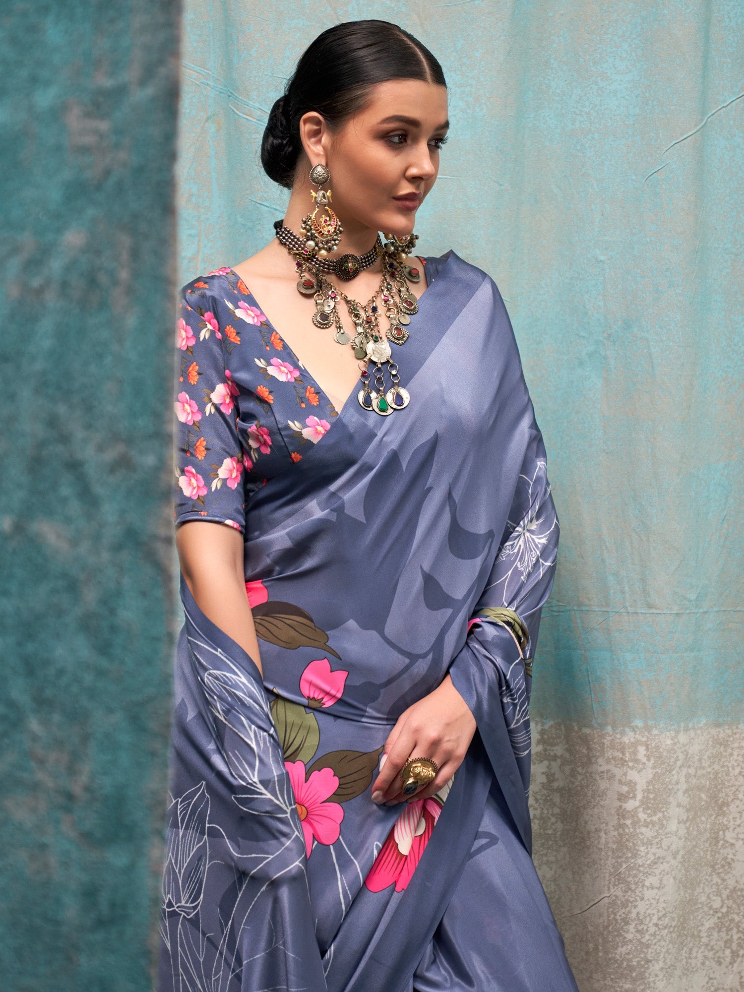 Steel Blue Silk Blend Heritage Floral Print Saree - Ressa