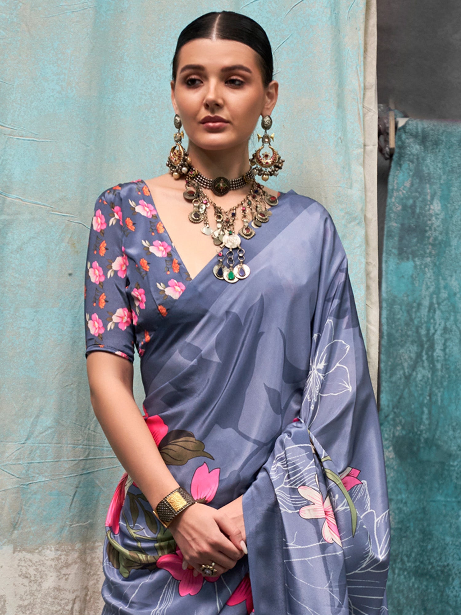 Steel Blue Silk Blend Heritage Floral Print Saree - Ressa