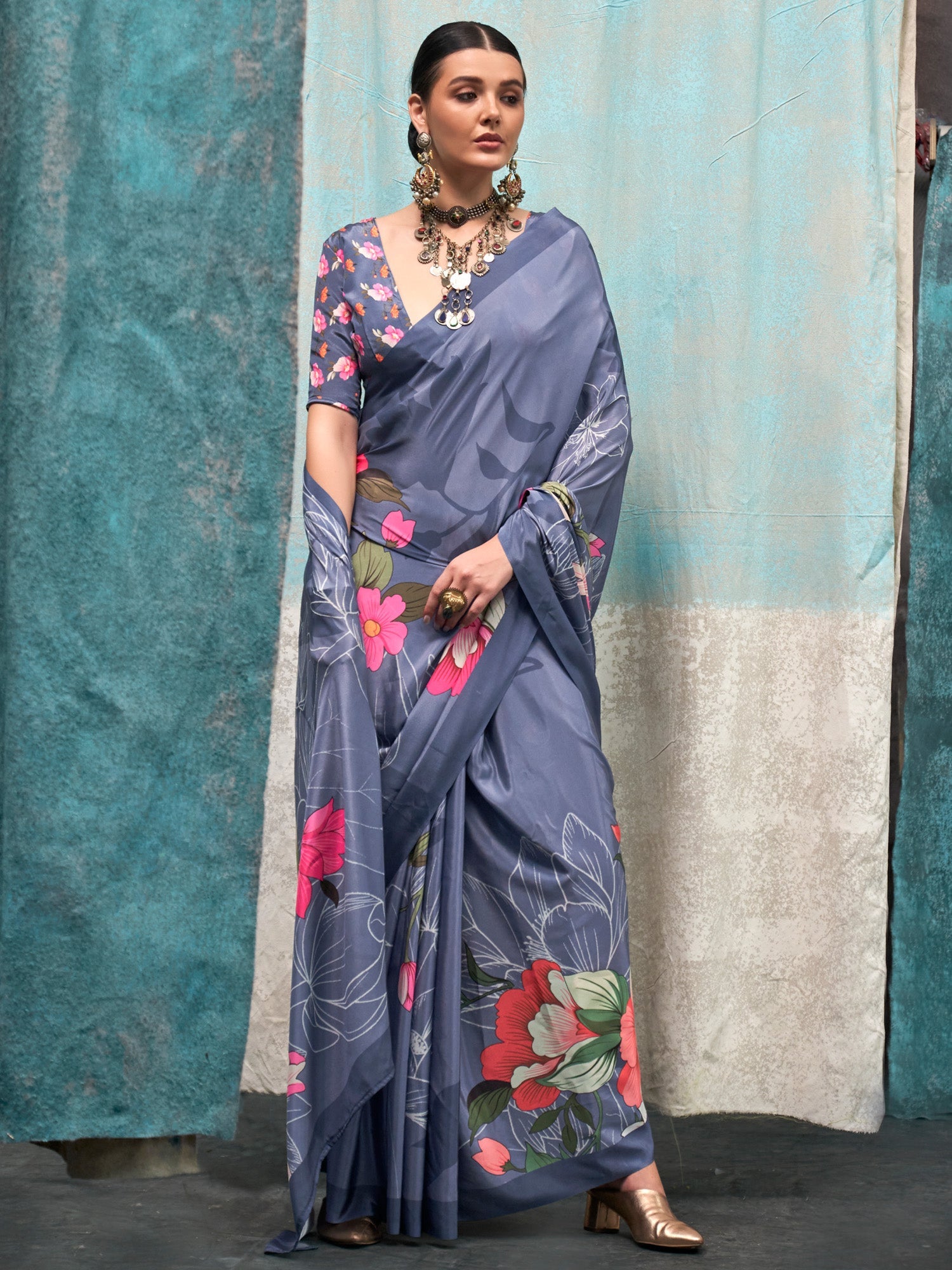 Steel Blue Silk Blend Heritage Floral Print Saree - Ressa