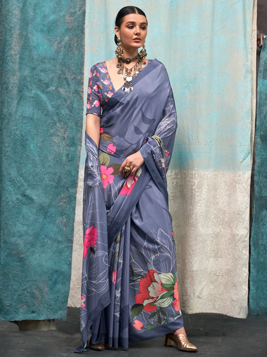 Steel Blue Silk Blend Heritage Floral Print Saree - Ressa