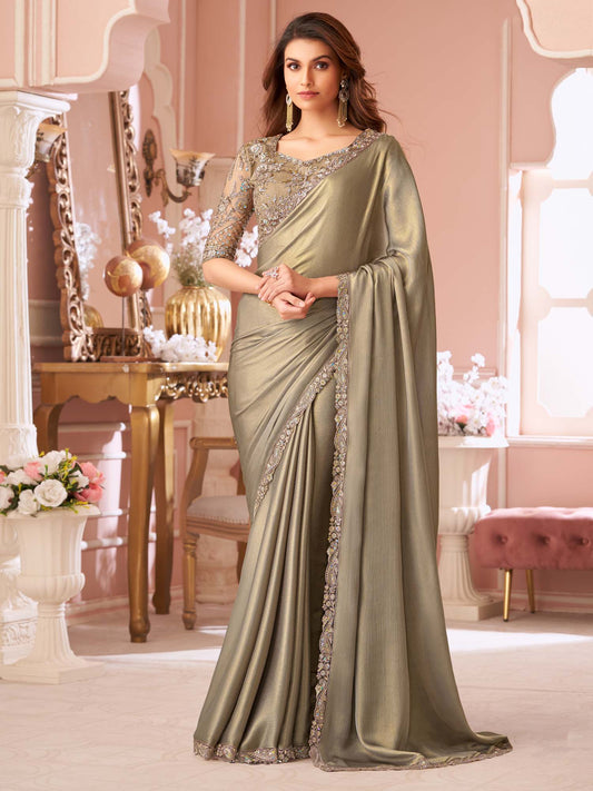 Steel Green Embellished Sequinned Pure Chiffon Saree - Ressa