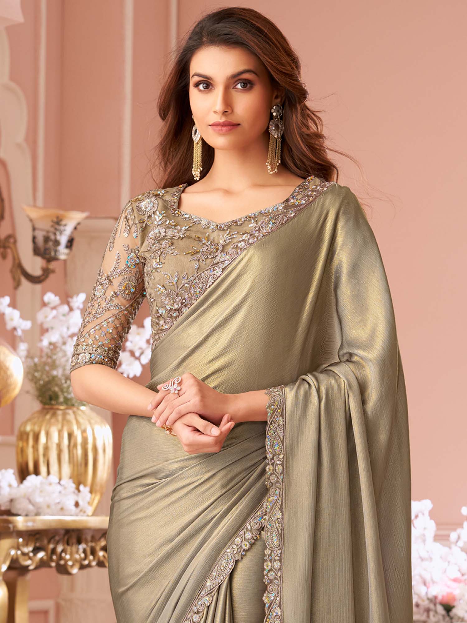 Steel Green Embellished Sequinned Pure Chiffon Saree - Ressa