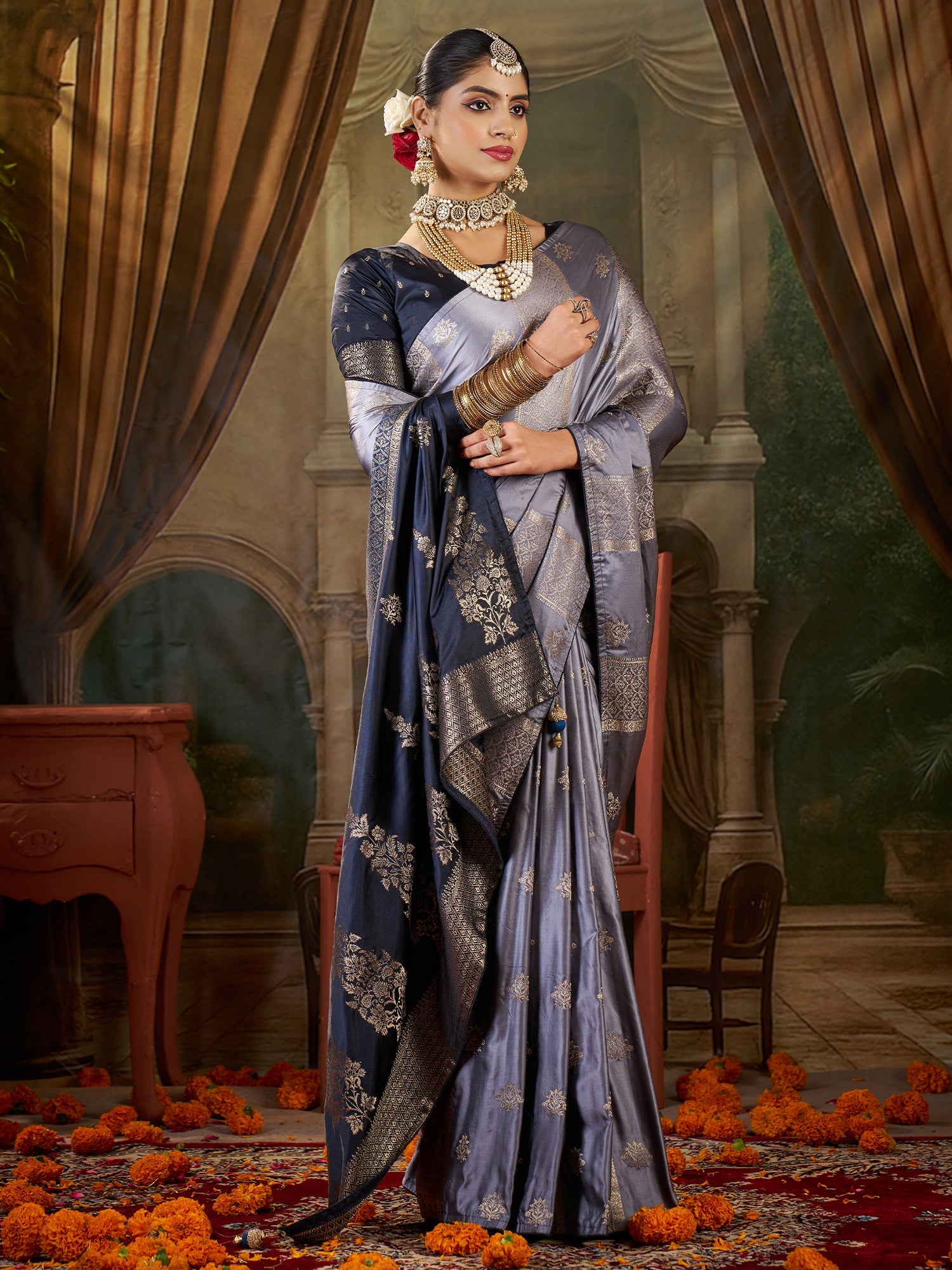 Steel Grey Banarasi Silk Heritage Zari Weave Saree - Ressa