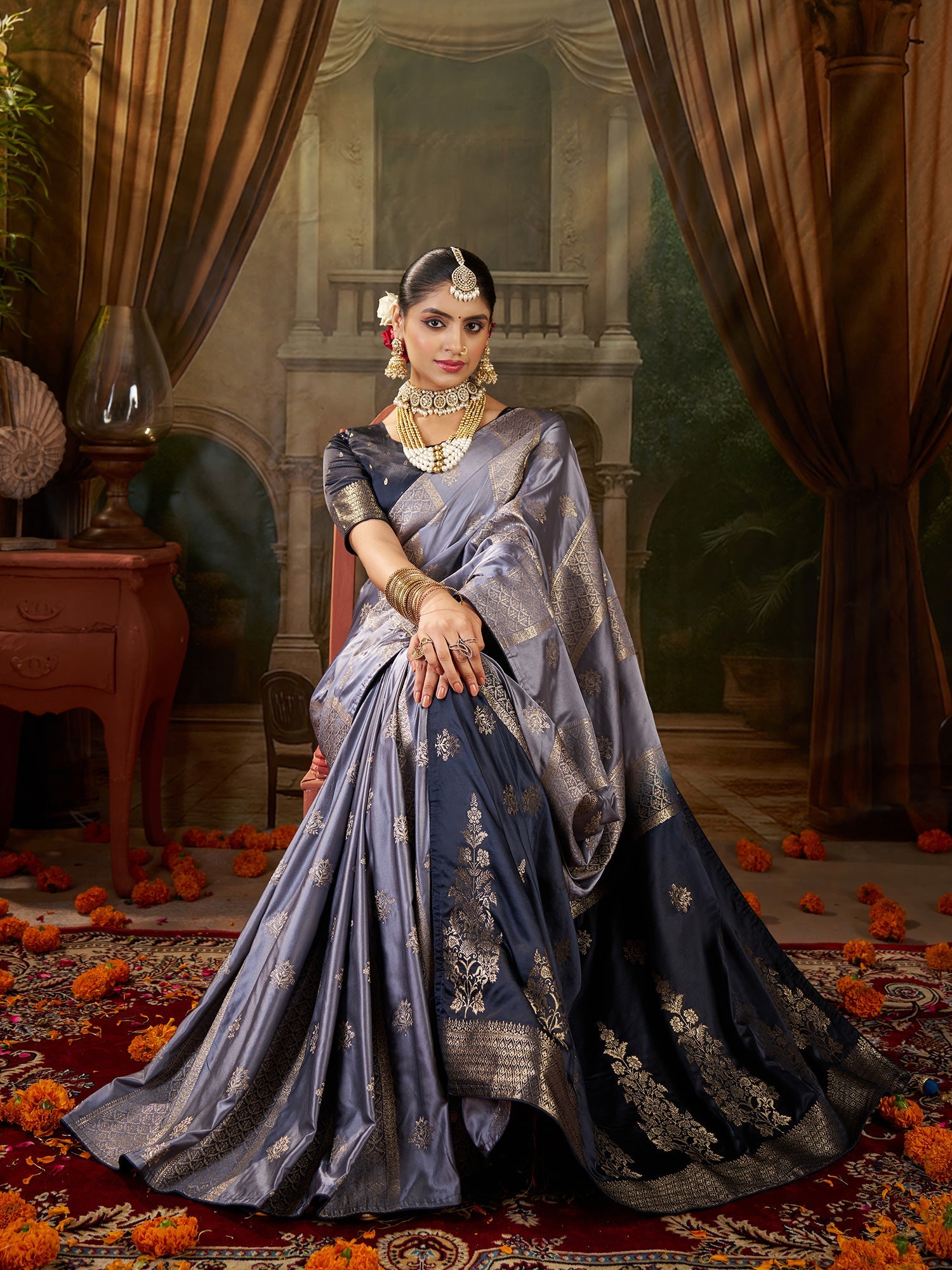 Steel Grey Banarasi Silk Heritage Zari Weave Saree - Ressa