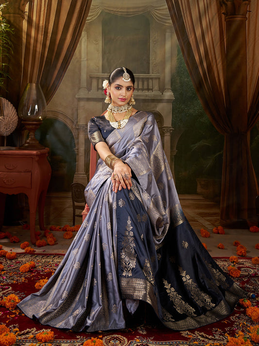 Steel Grey Banarasi Silk Heritage Zari Weave Saree - Ressa