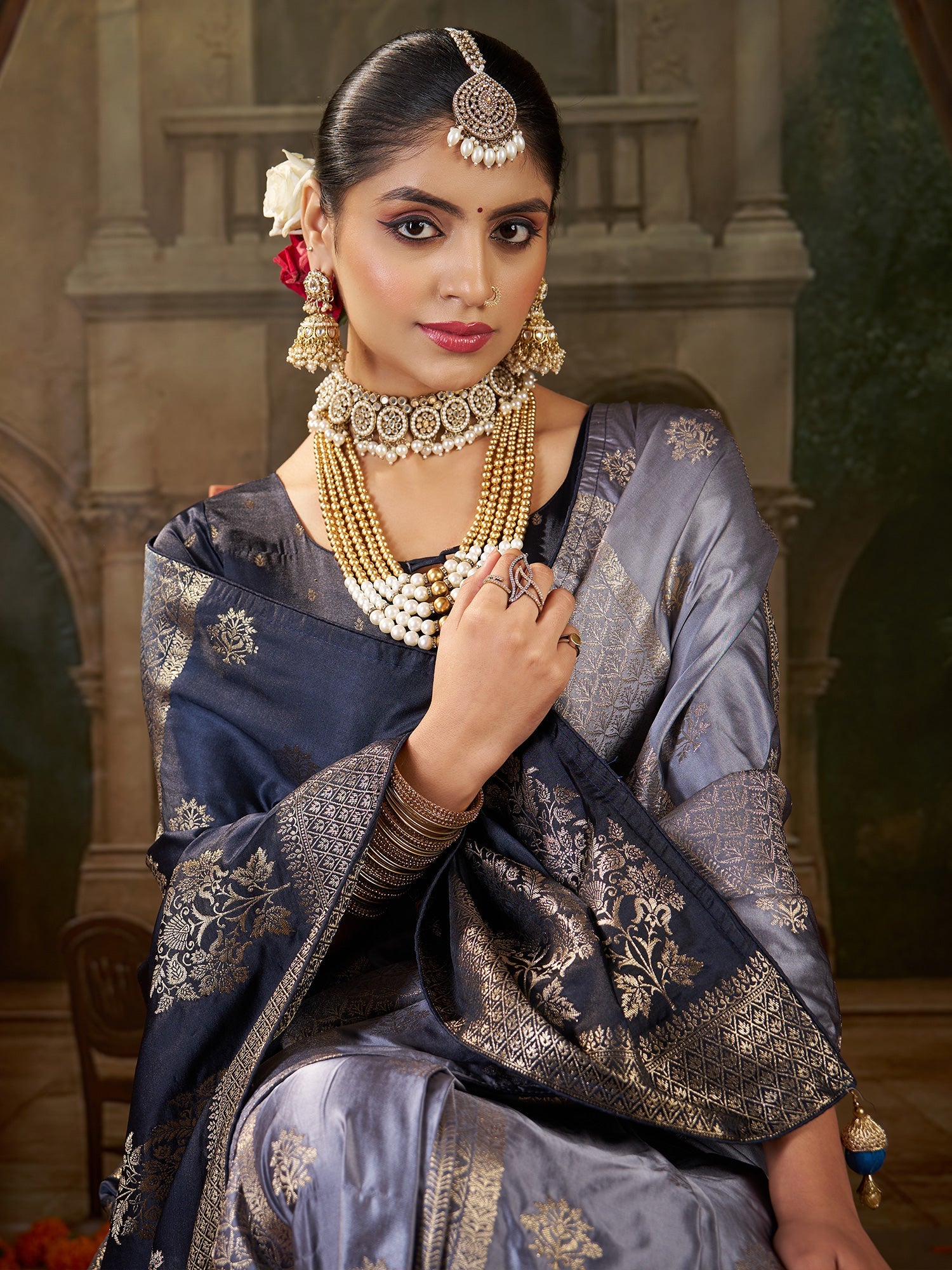 Steel Grey Banarasi Silk Heritage Zari Weave Saree - Ressa