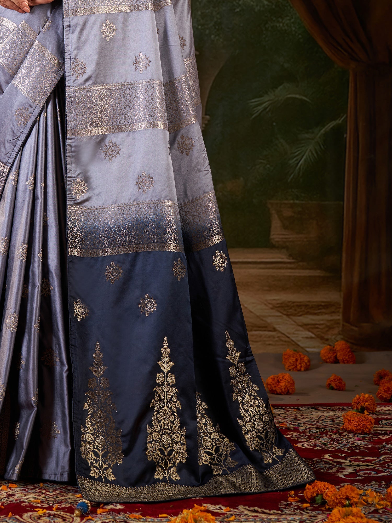 Steel Grey Banarasi Silk Heritage Zari Weave Saree - Ressa