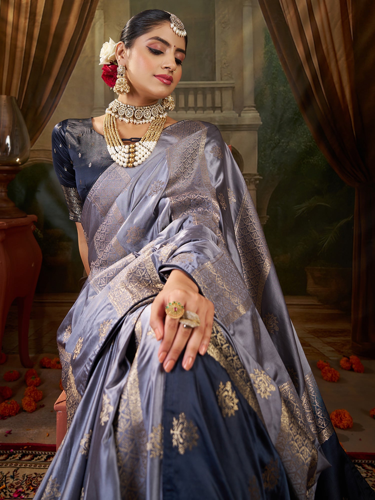 Steel Grey Banarasi Silk Heritage Zari Weave Saree - Ressa