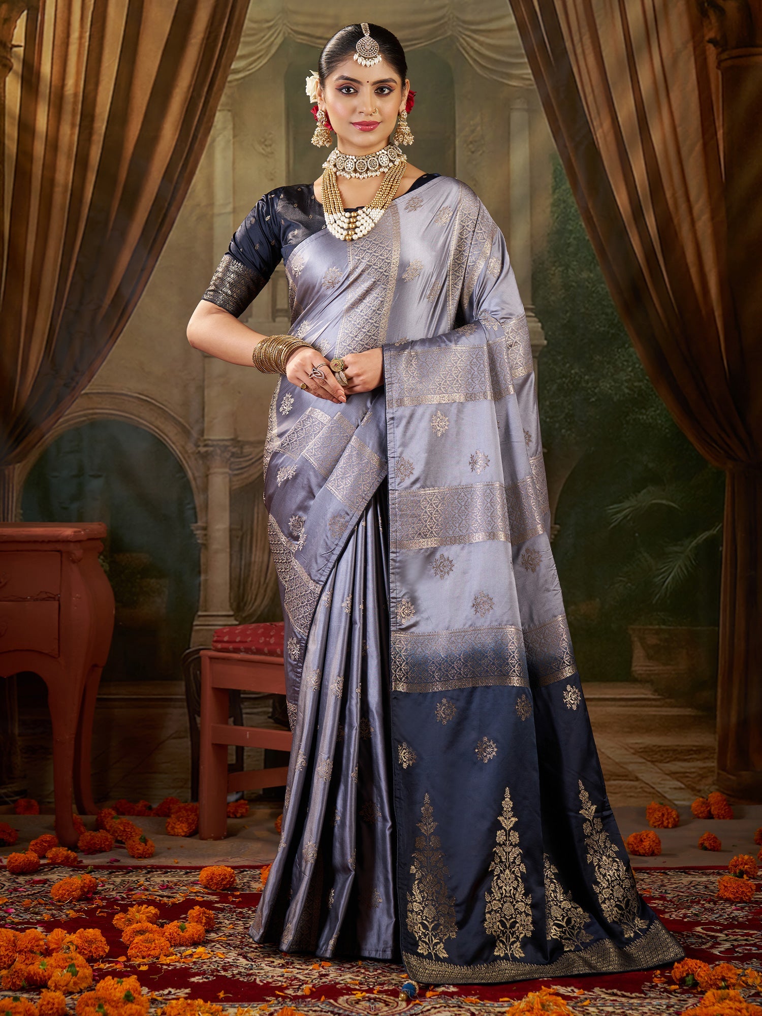 Steel Grey Banarasi Silk Heritage Zari Weave Saree - Ressa