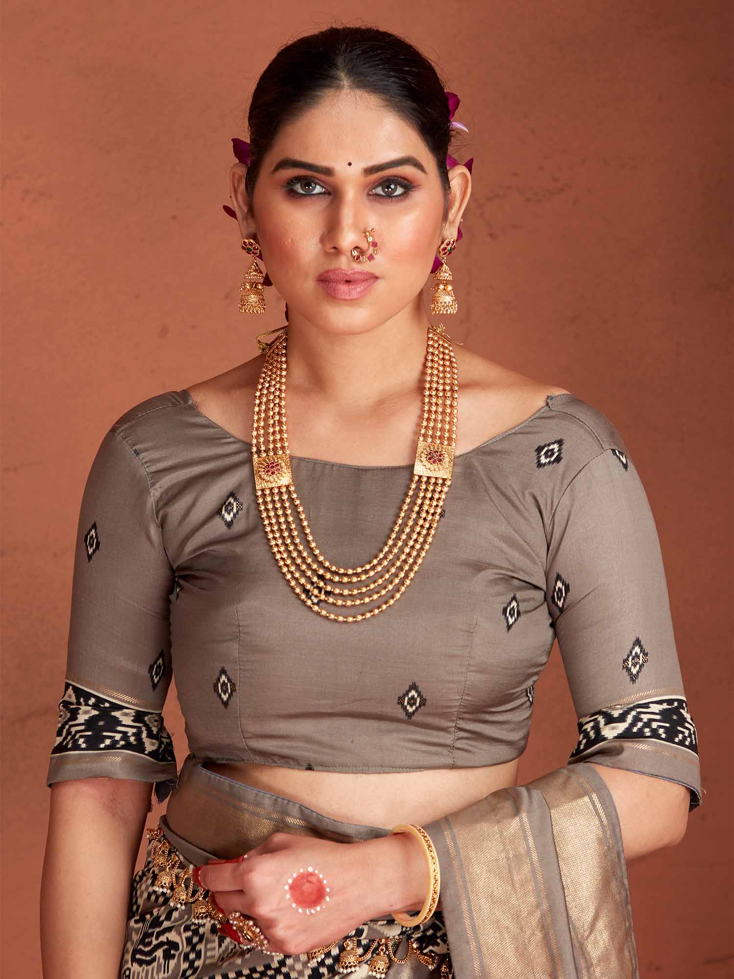 Steel Grey & Charcoal Black Patola Silk Geometric Saree - Ressa