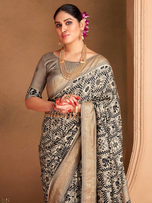 Steel Grey & Charcoal Black Patola Silk Geometric Saree - Ressa