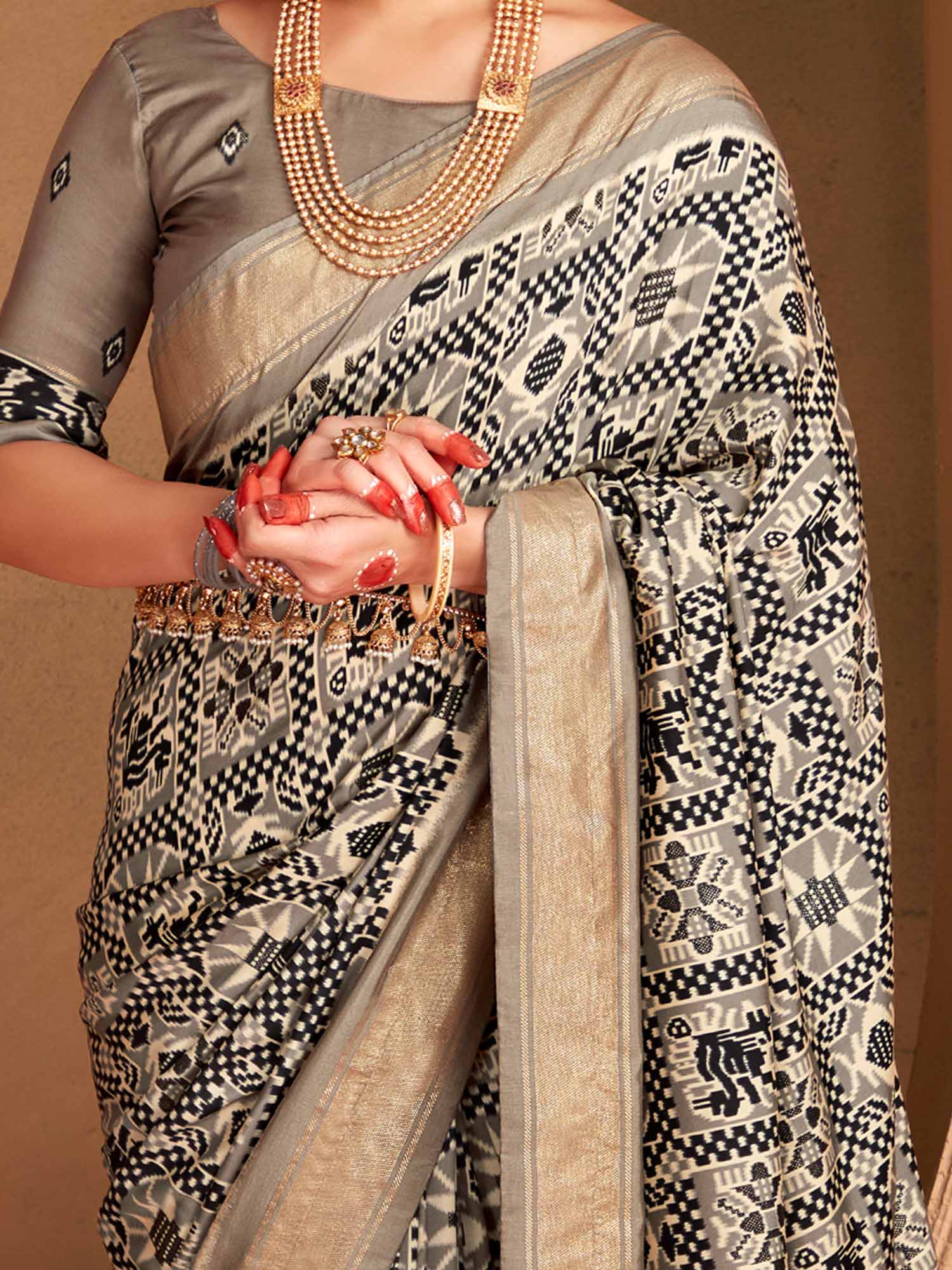 Steel Grey & Charcoal Black Patola Silk Geometric Saree - Ressa