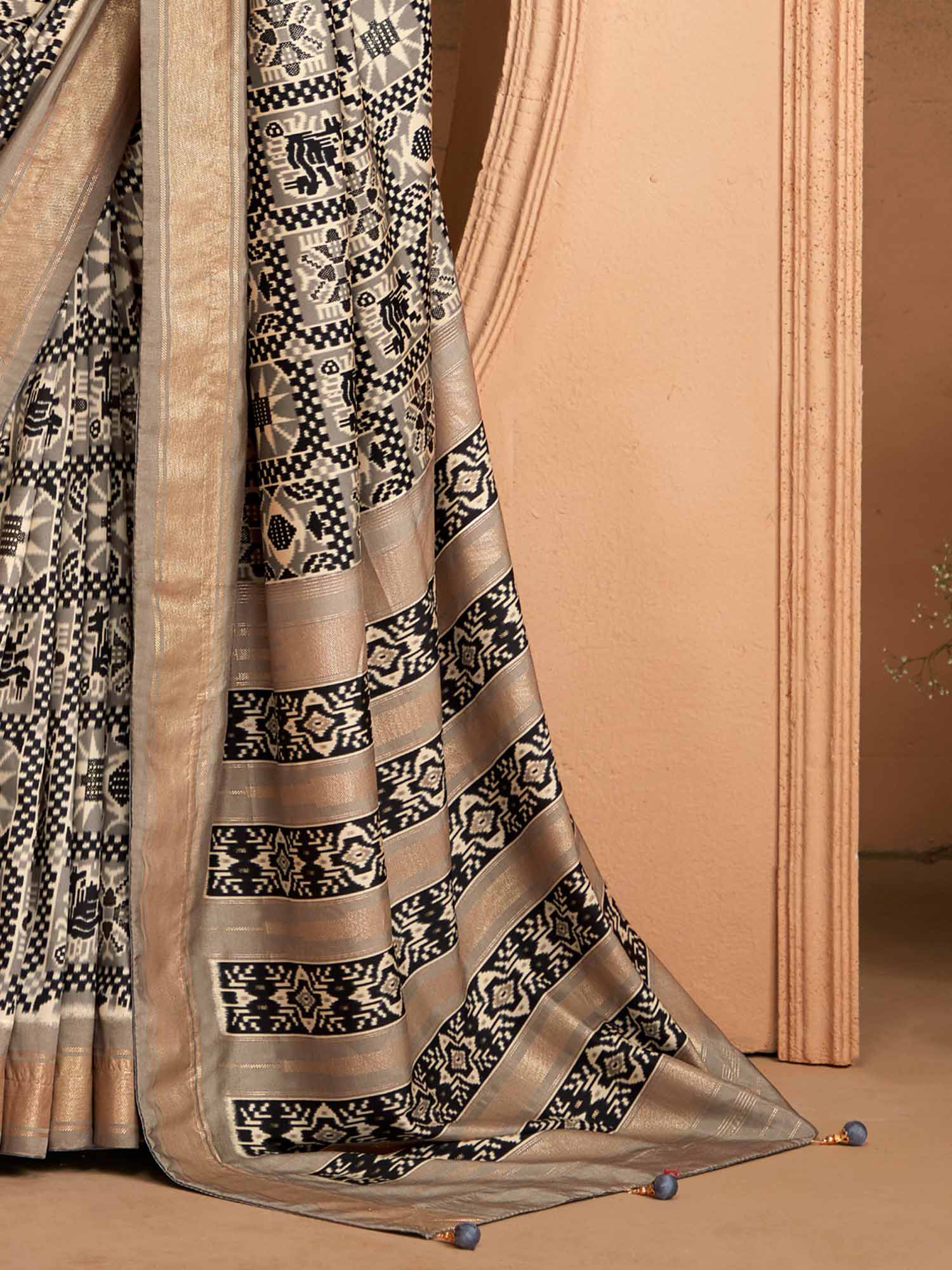 Steel Grey & Charcoal Black Patola Silk Geometric Saree - Ressa