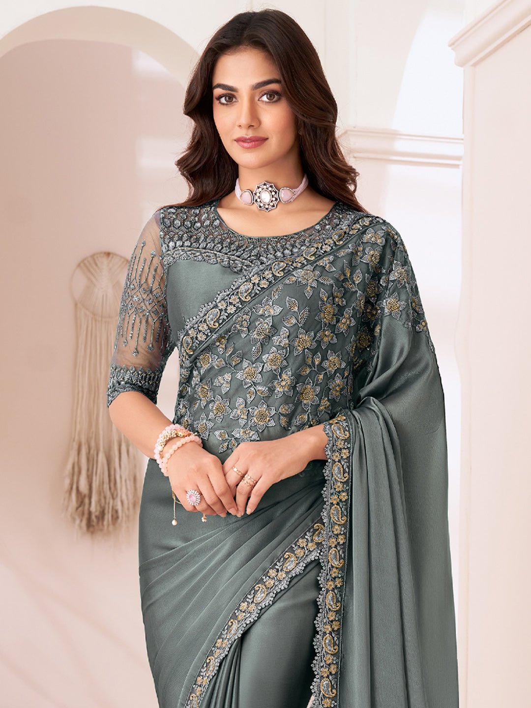 Steel Grey Embellished Party wear Saree - Ressa