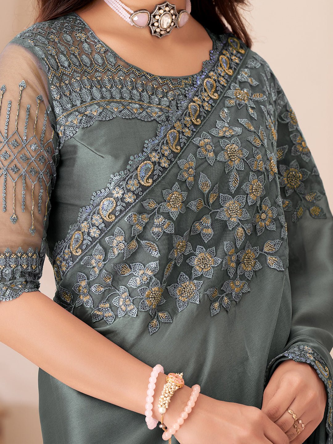 Steel Grey Embellished Party wear Saree - Ressa