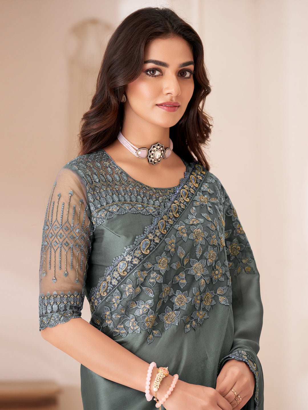 Steel Grey Embellished Party wear Saree - Ressa