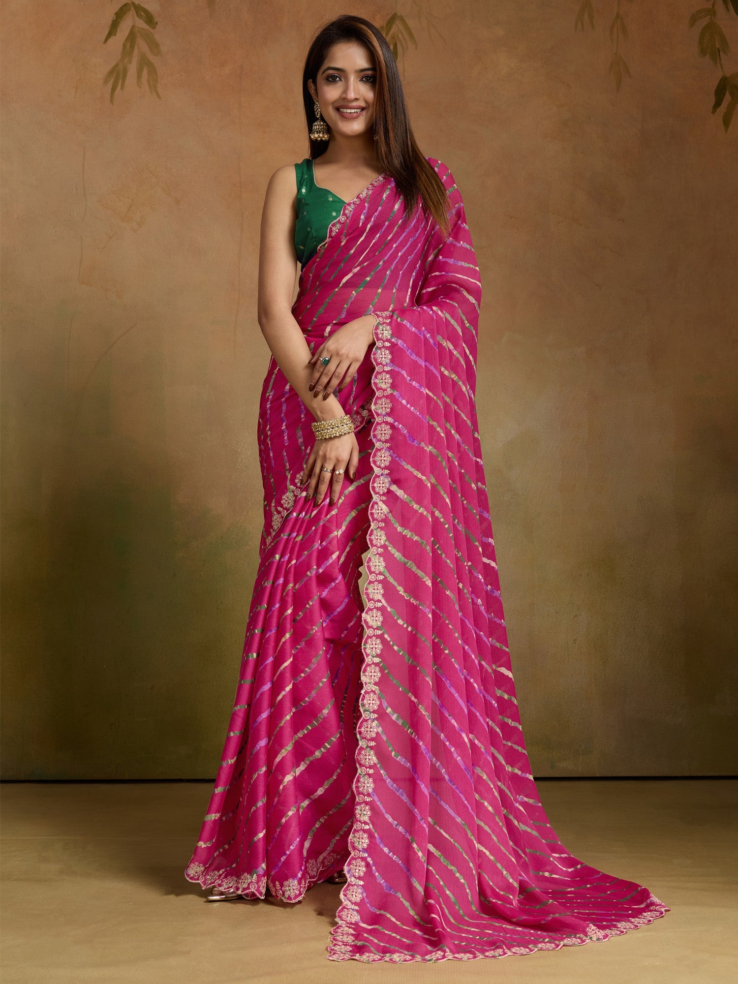 Striped Beads and Stones Pure Chiffon Leheriya Saree - Ressa