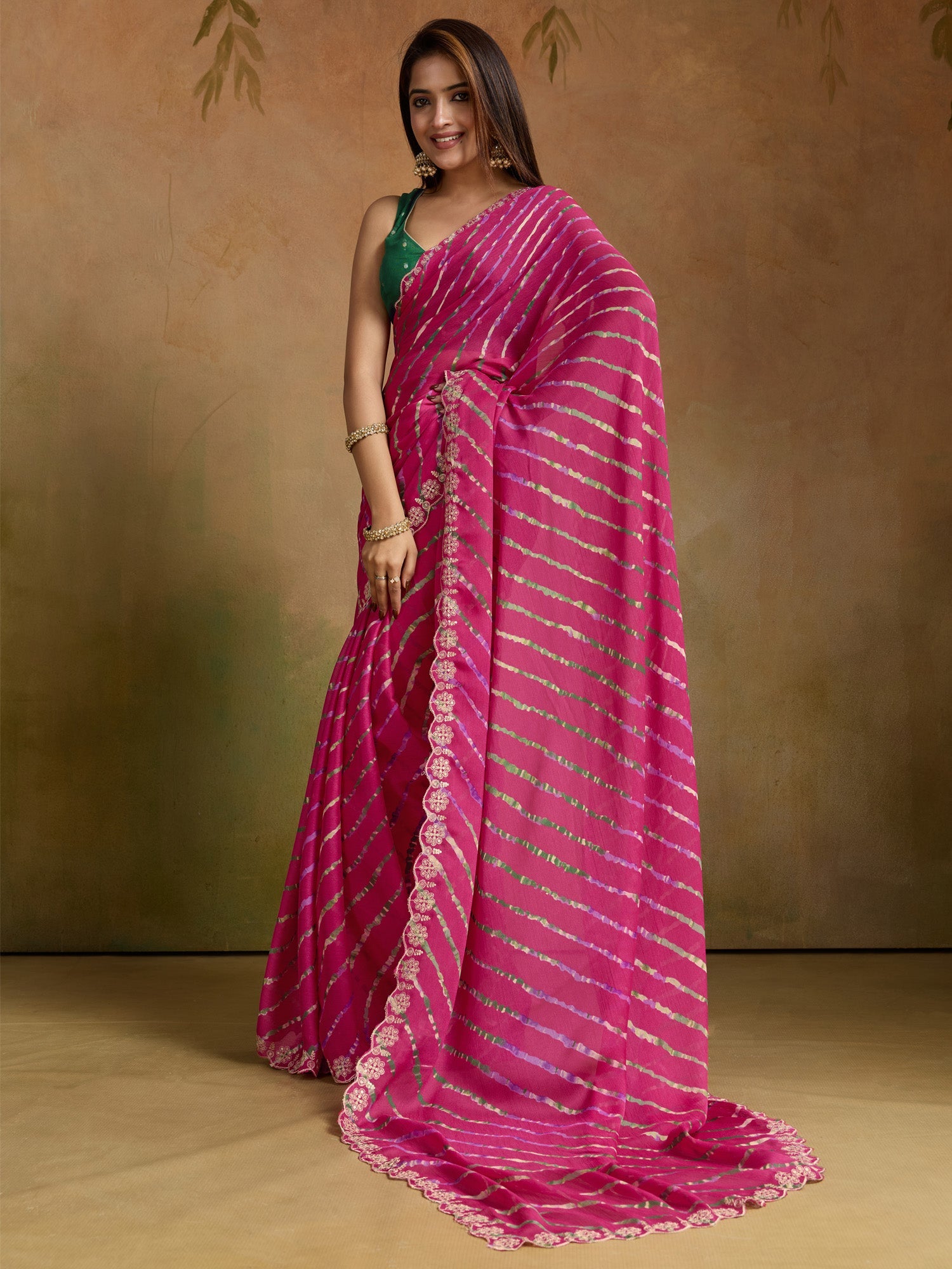 Striped Beads and Stones Pure Chiffon Leheriya Saree - Ressa