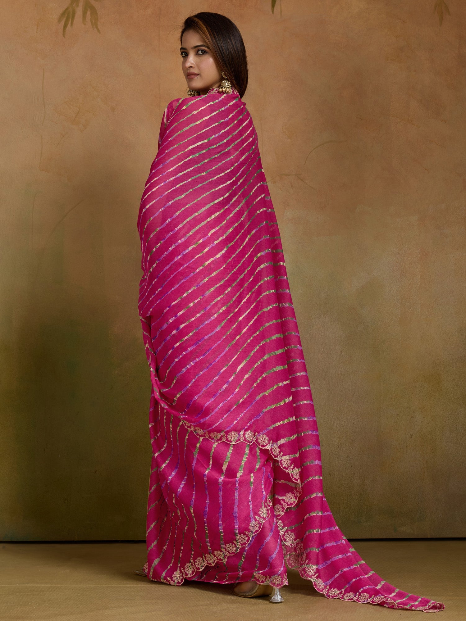 Striped Beads and Stones Pure Chiffon Leheriya Saree - Ressa