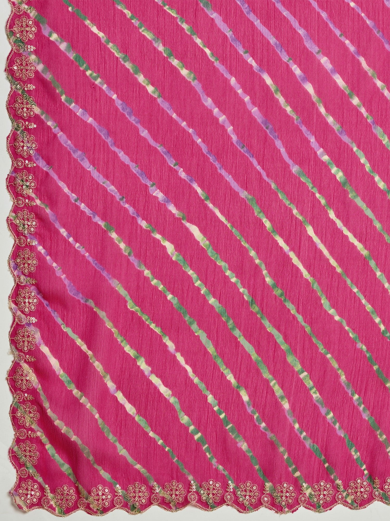 Striped Beads and Stones Pure Chiffon Leheriya Saree - Ressa