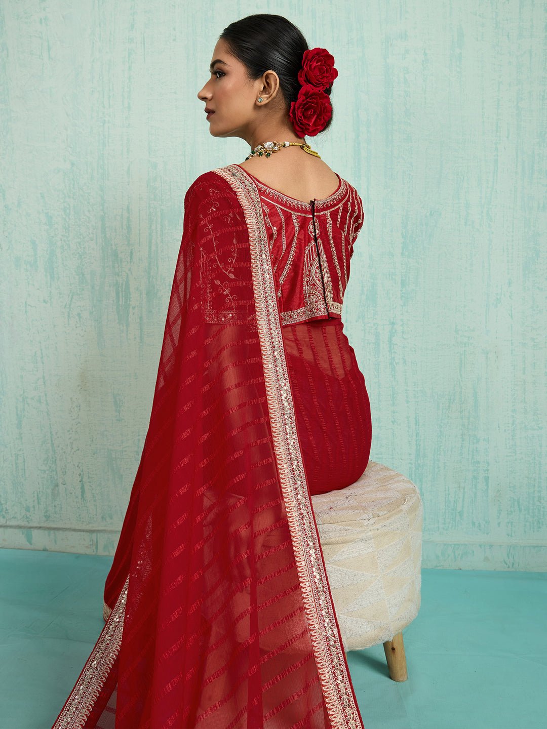 Striped Chiffon Saree with Emroidered Blouse - Ressa