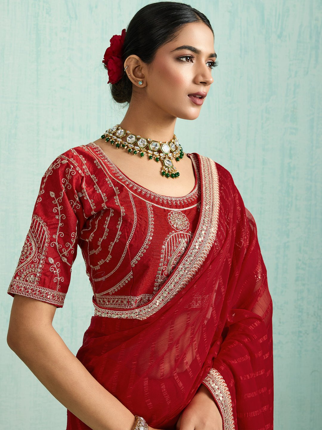 Striped Chiffon Saree with Emroidered Blouse - Ressa