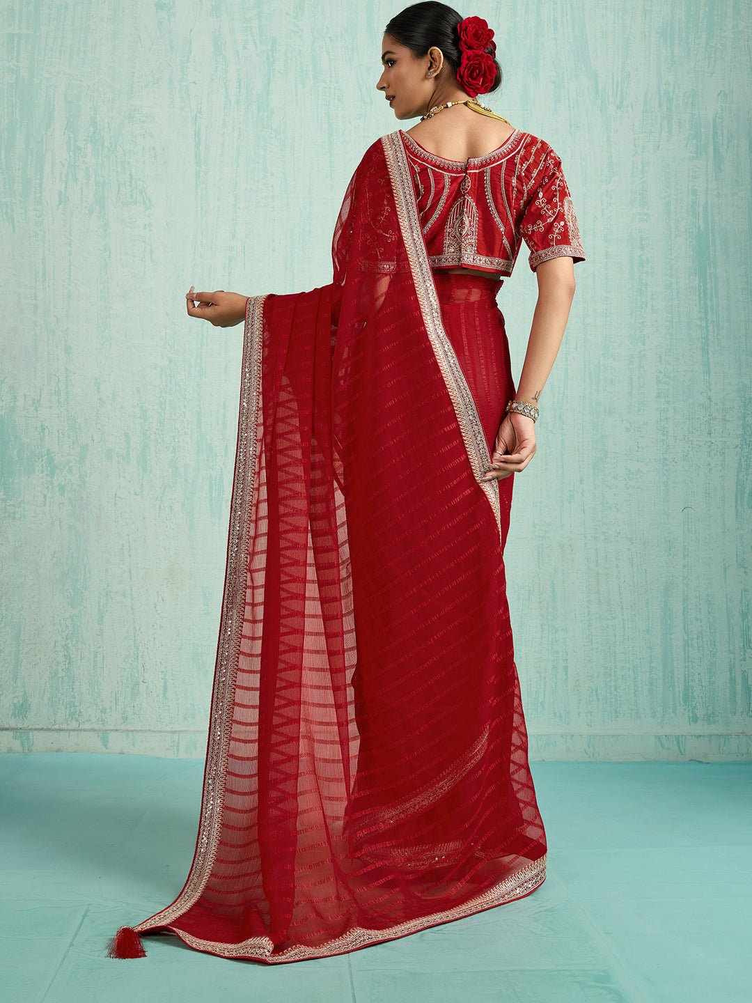 Striped Chiffon Saree with Emroidered Blouse - Ressa