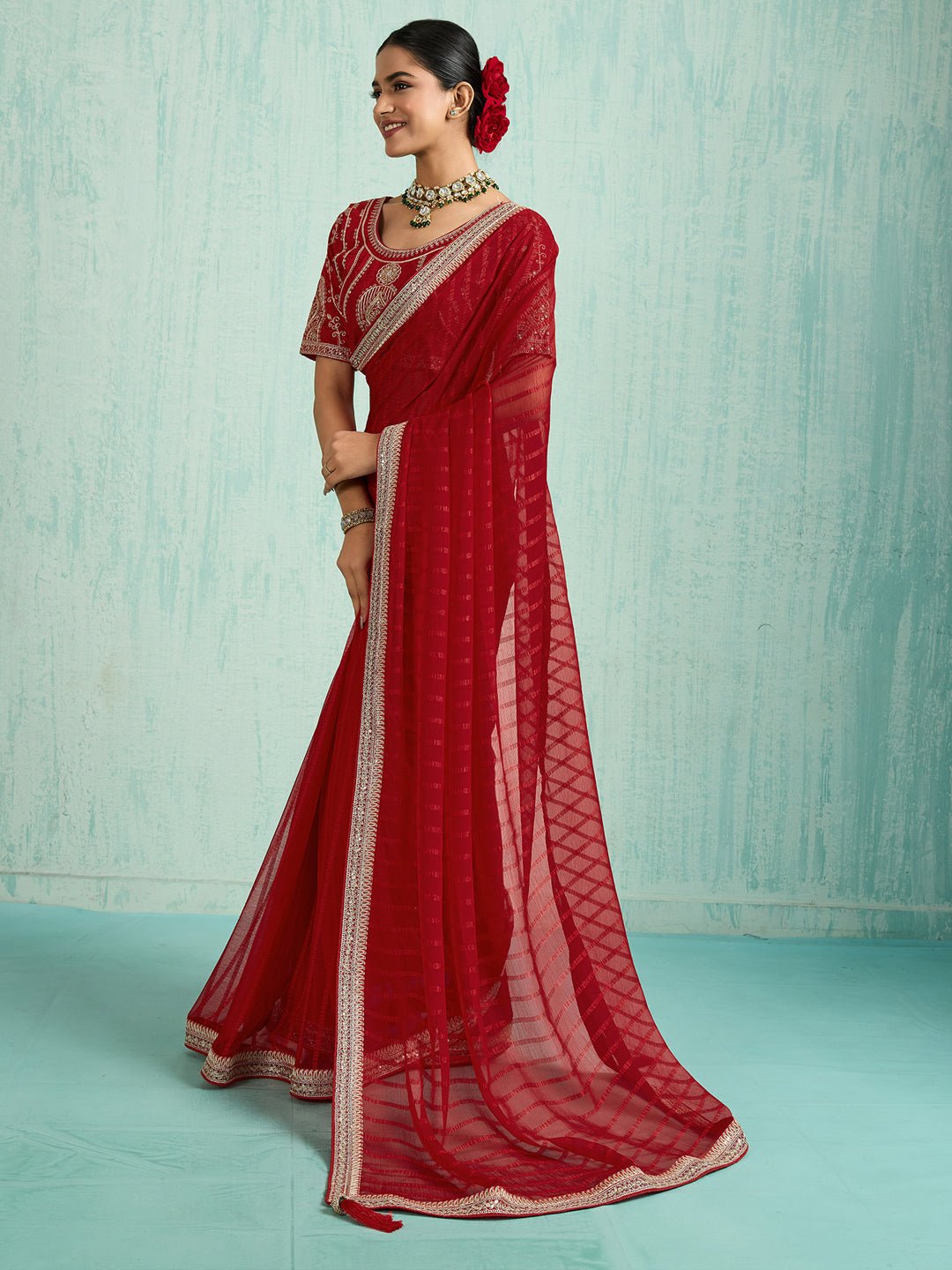 Striped Chiffon Saree with Emroidered Blouse - Ressa