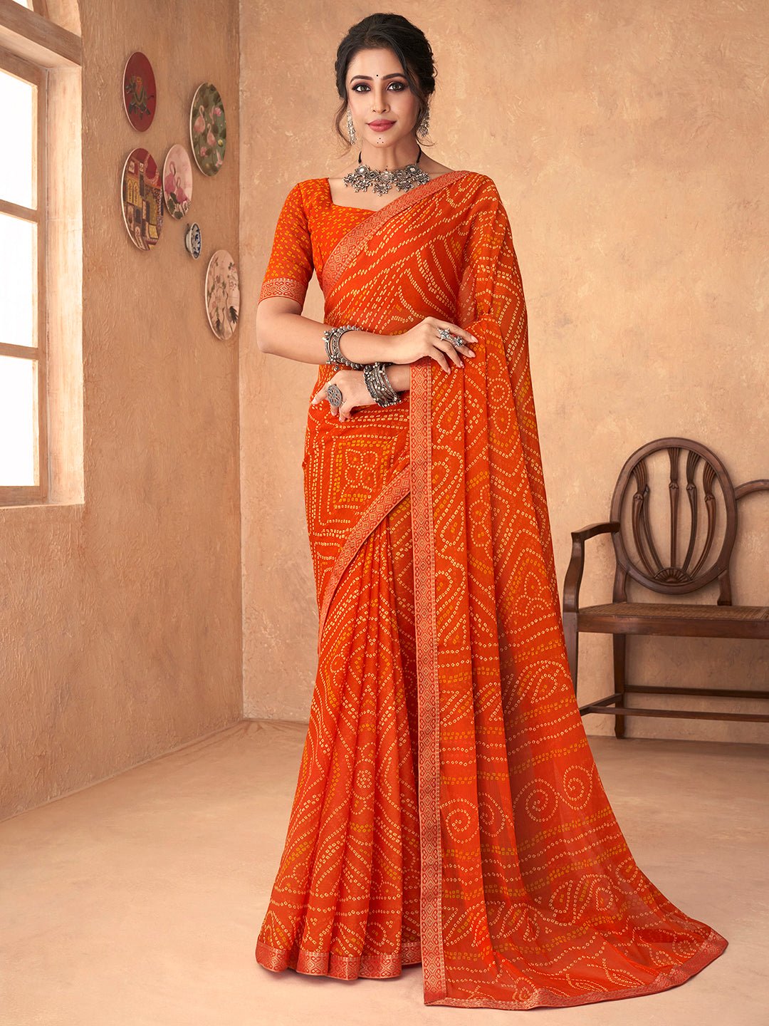 Sunset Orange Georgette Bandhani Saree - Ressa
