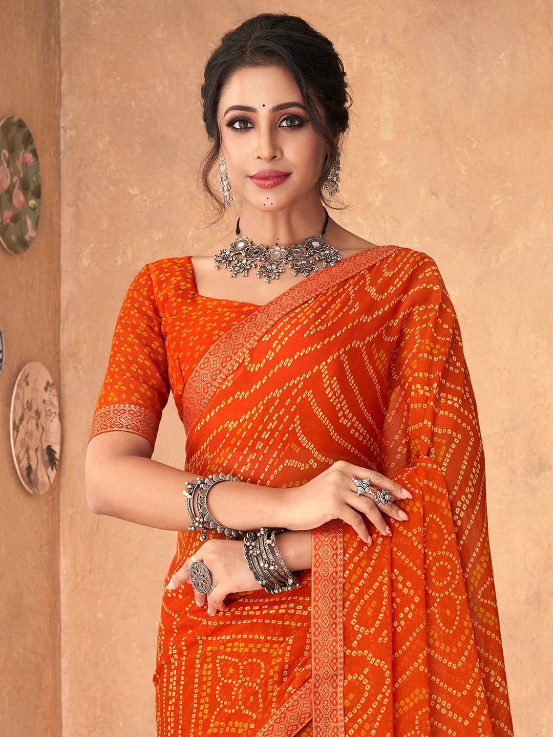 Sunset Orange Georgette Bandhani Saree - Ressa