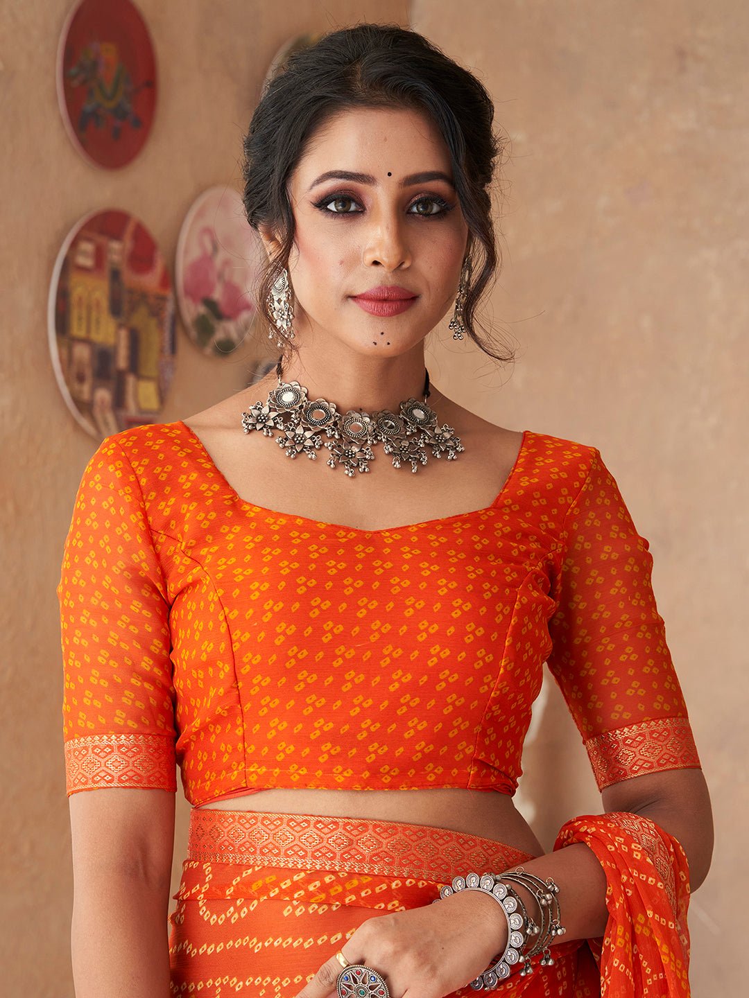 Sunset Orange Georgette Bandhani Saree - Ressa