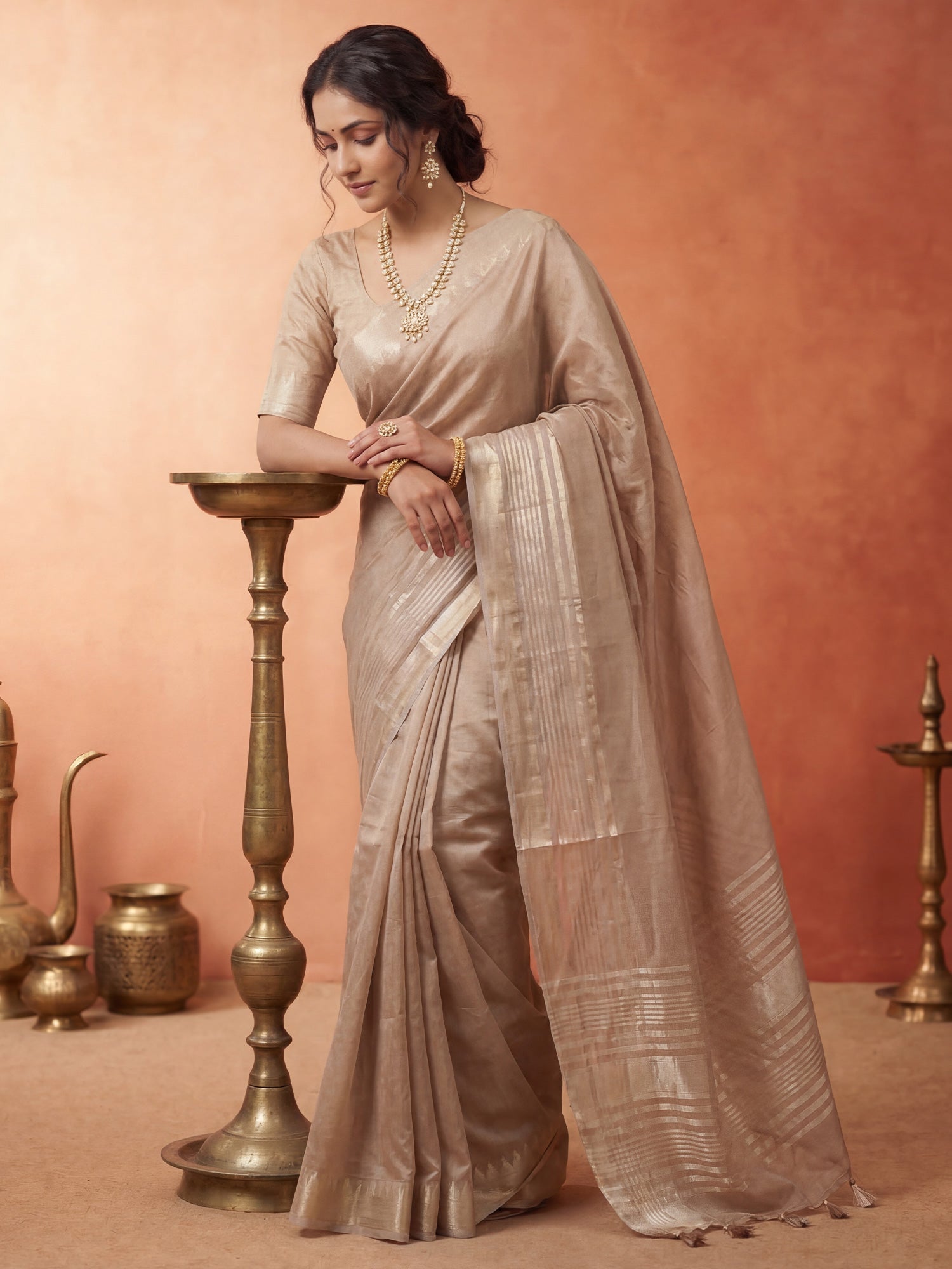 Taupe Chanderi Silk Saree - Ressa