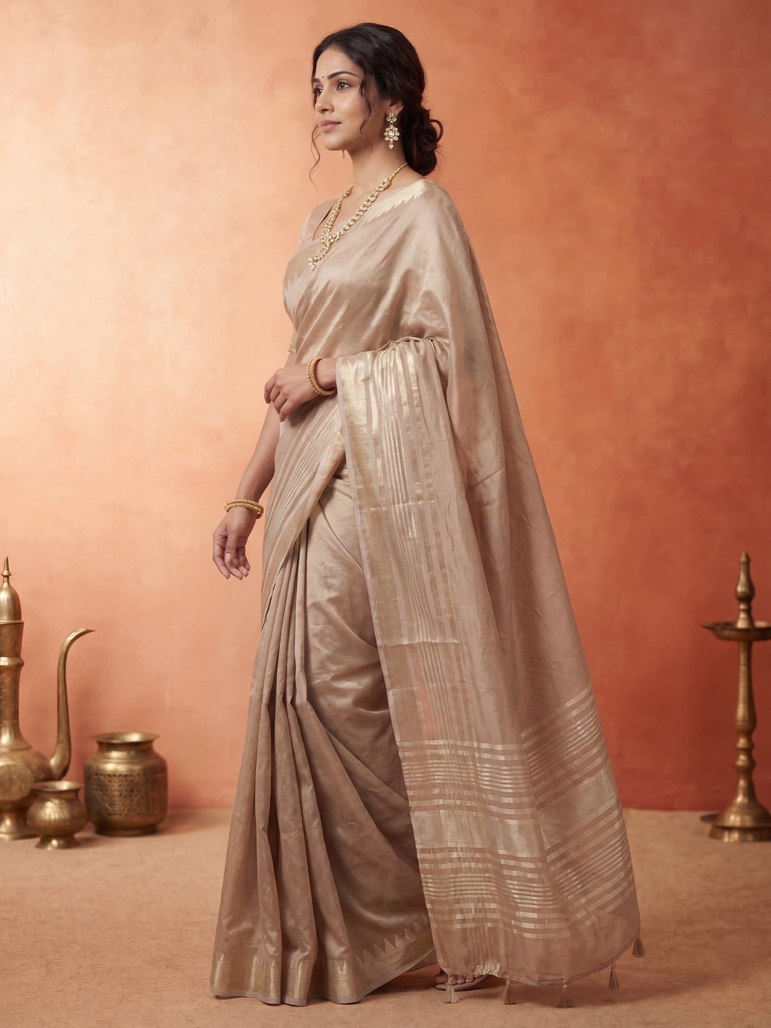 Taupe Chanderi Silk Saree - Ressa