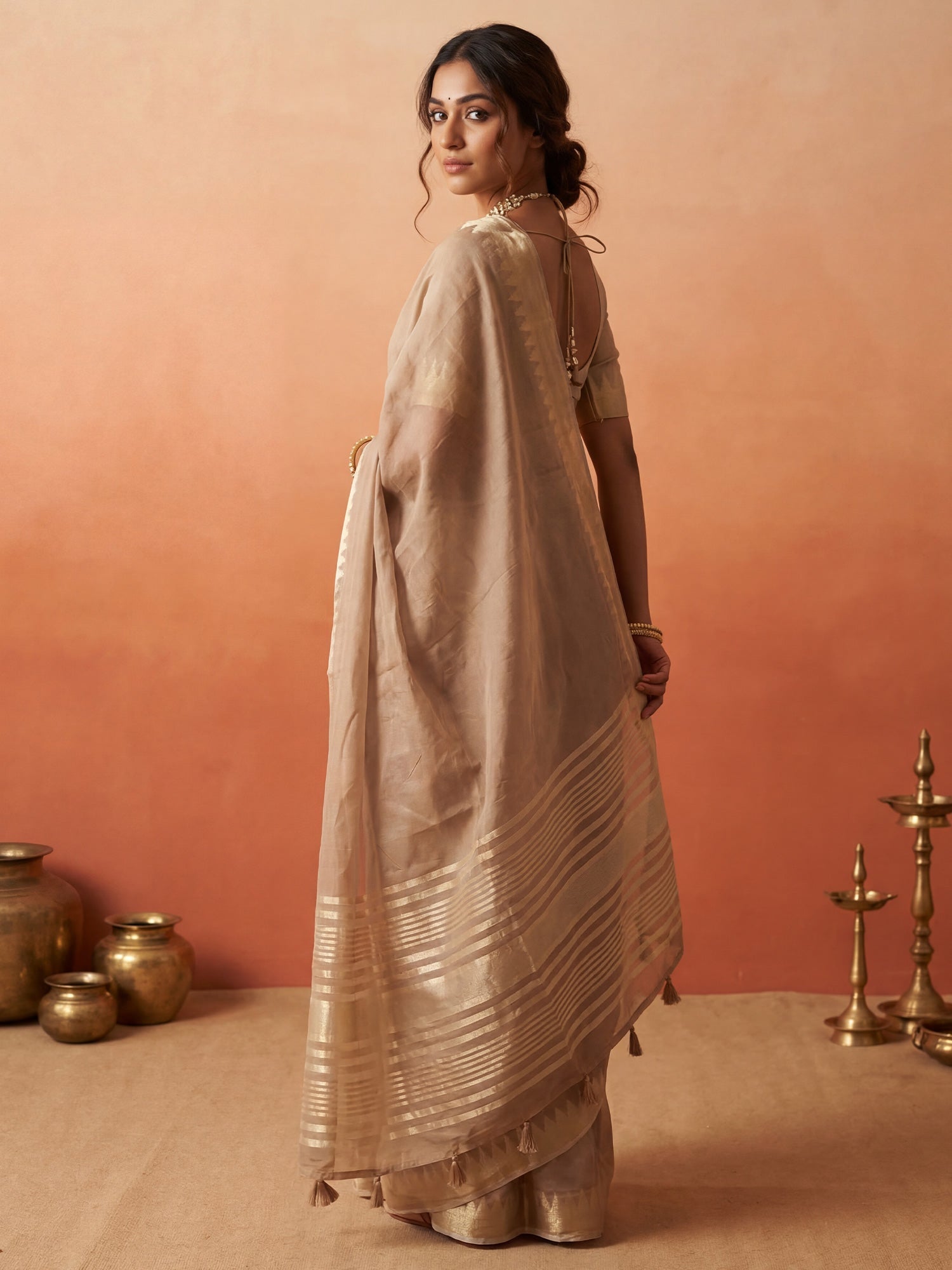 Taupe Chanderi Silk Saree - Ressa