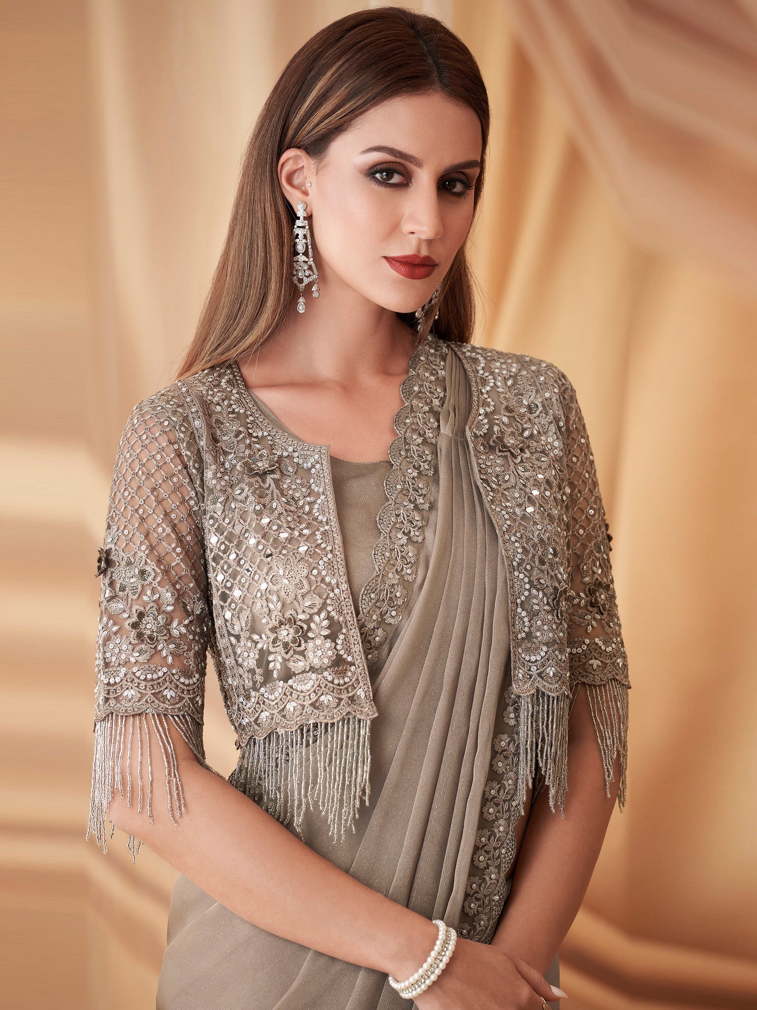 Taupe Georgette Sequin Embroidered Border Saree - Ressa