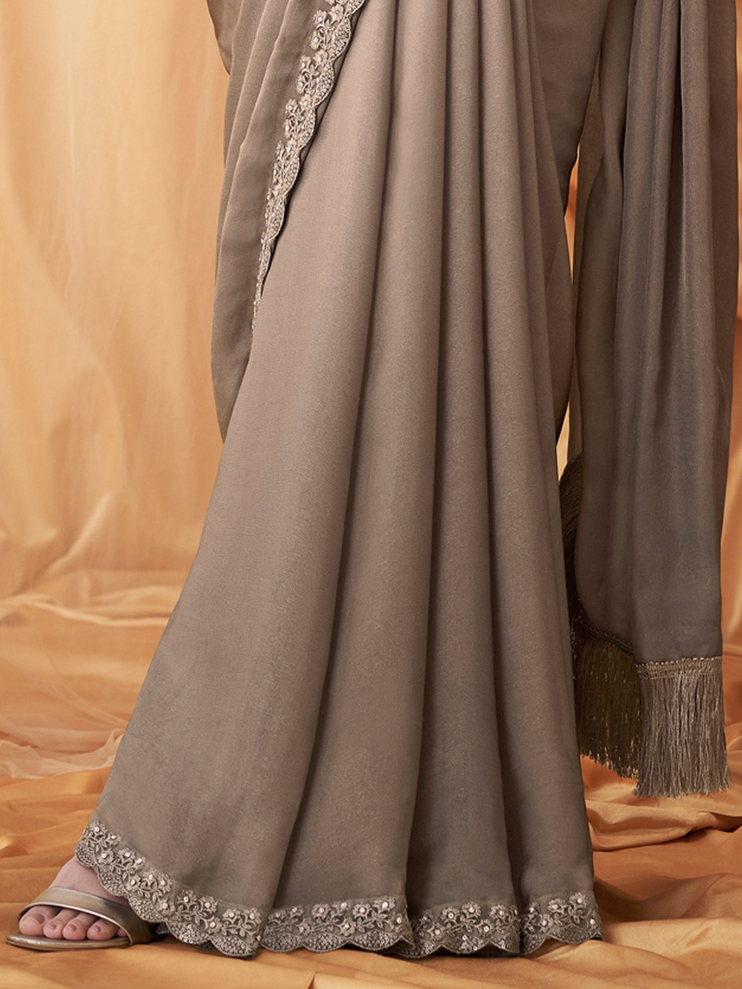 Taupe Georgette Sequin Embroidered Border Saree - Ressa