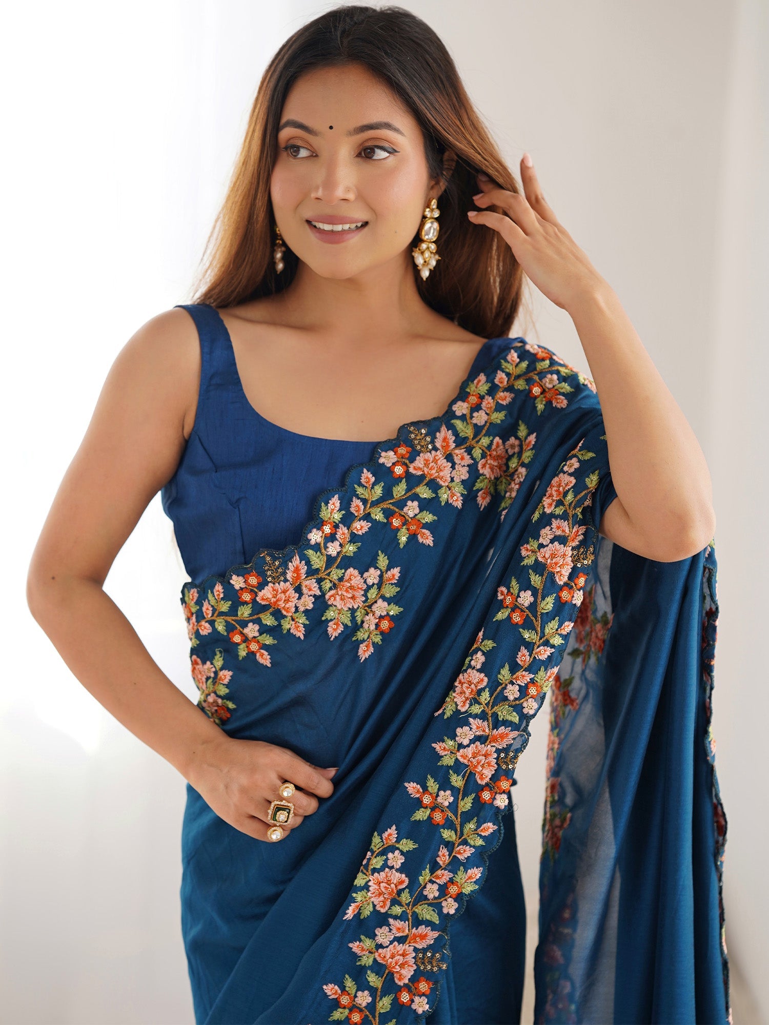 Tea blue Silk blended Hand Embroidery saree - Ressa