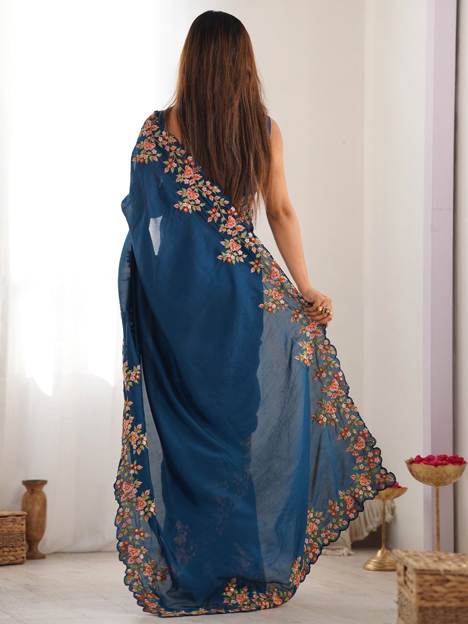 Tea blue Silk blended Hand Embroidery saree - Ressa