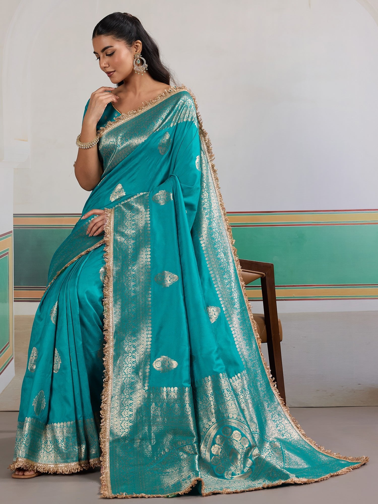 Teal Banarasi Silk Saree with Gold Zari Weave - Ressa