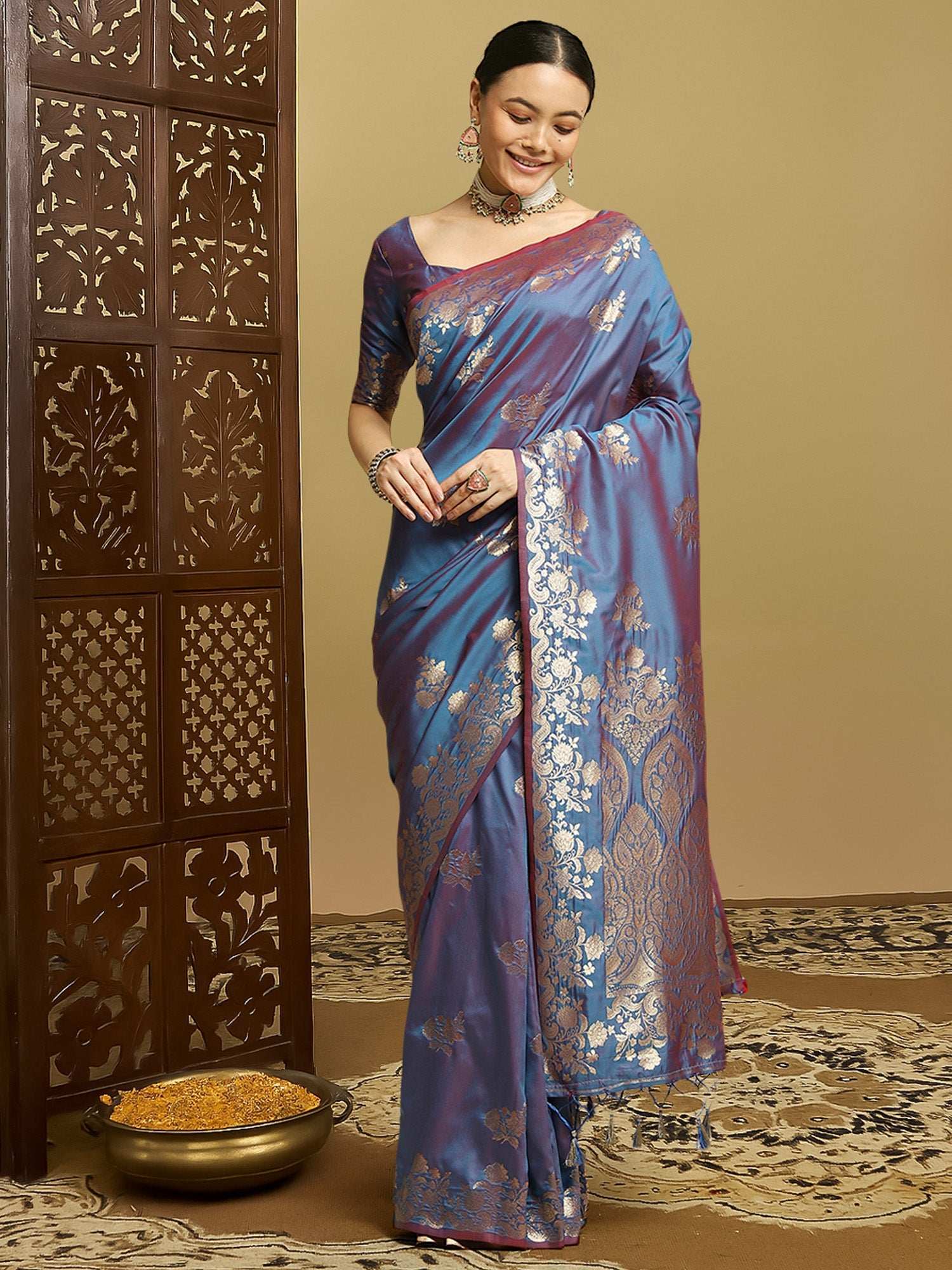 Teal Banarasi Silk Saree with Gold Zari Weave - Ressa