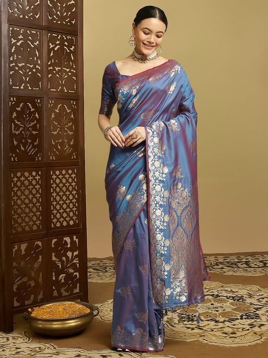 Teal Banarasi Silk Saree with Gold Zari Weave - Ressa