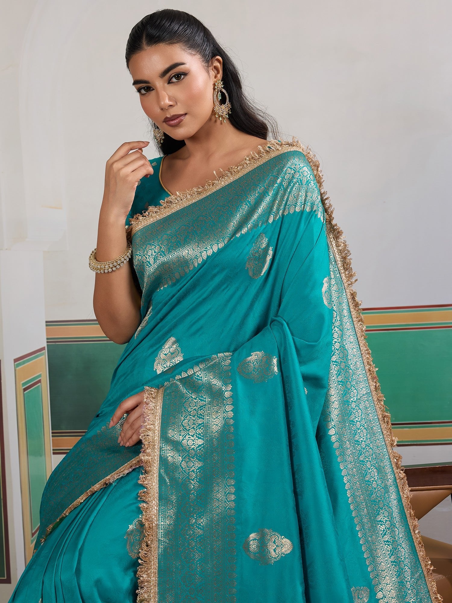 Teal Banarasi Silk Saree with Gold Zari Weave - Ressa