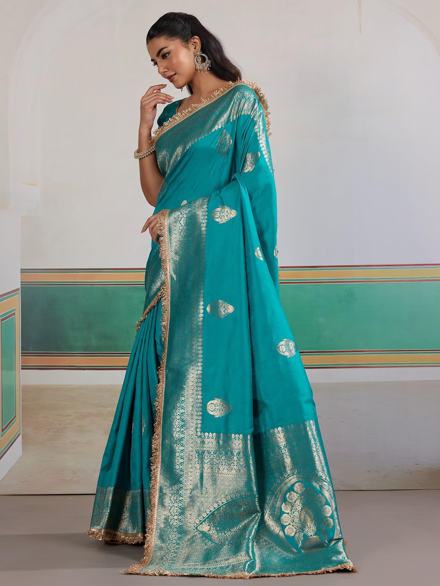 Teal Banarasi Silk Saree with Gold Zari Weave - Ressa