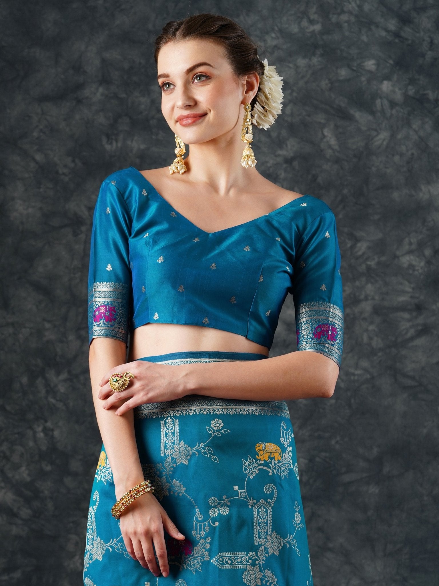 Teal Banarasi Silk Saree with Meenakari Weave – - Ressa