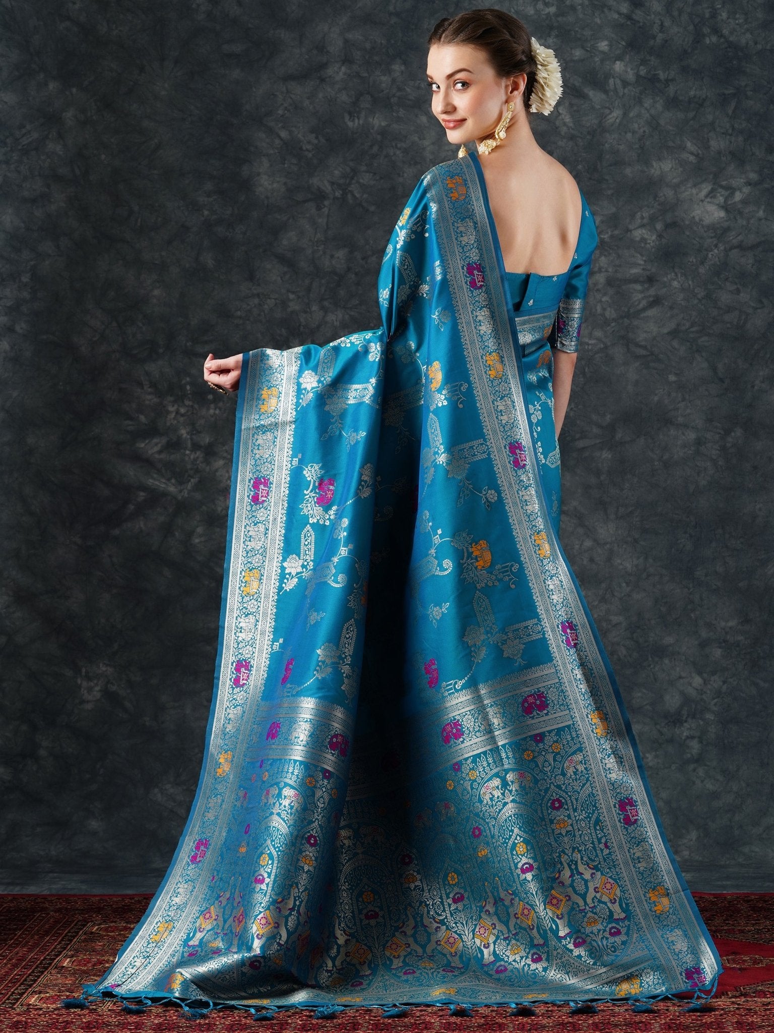 Teal Banarasi Silk Saree with Meenakari Weave – - Ressa