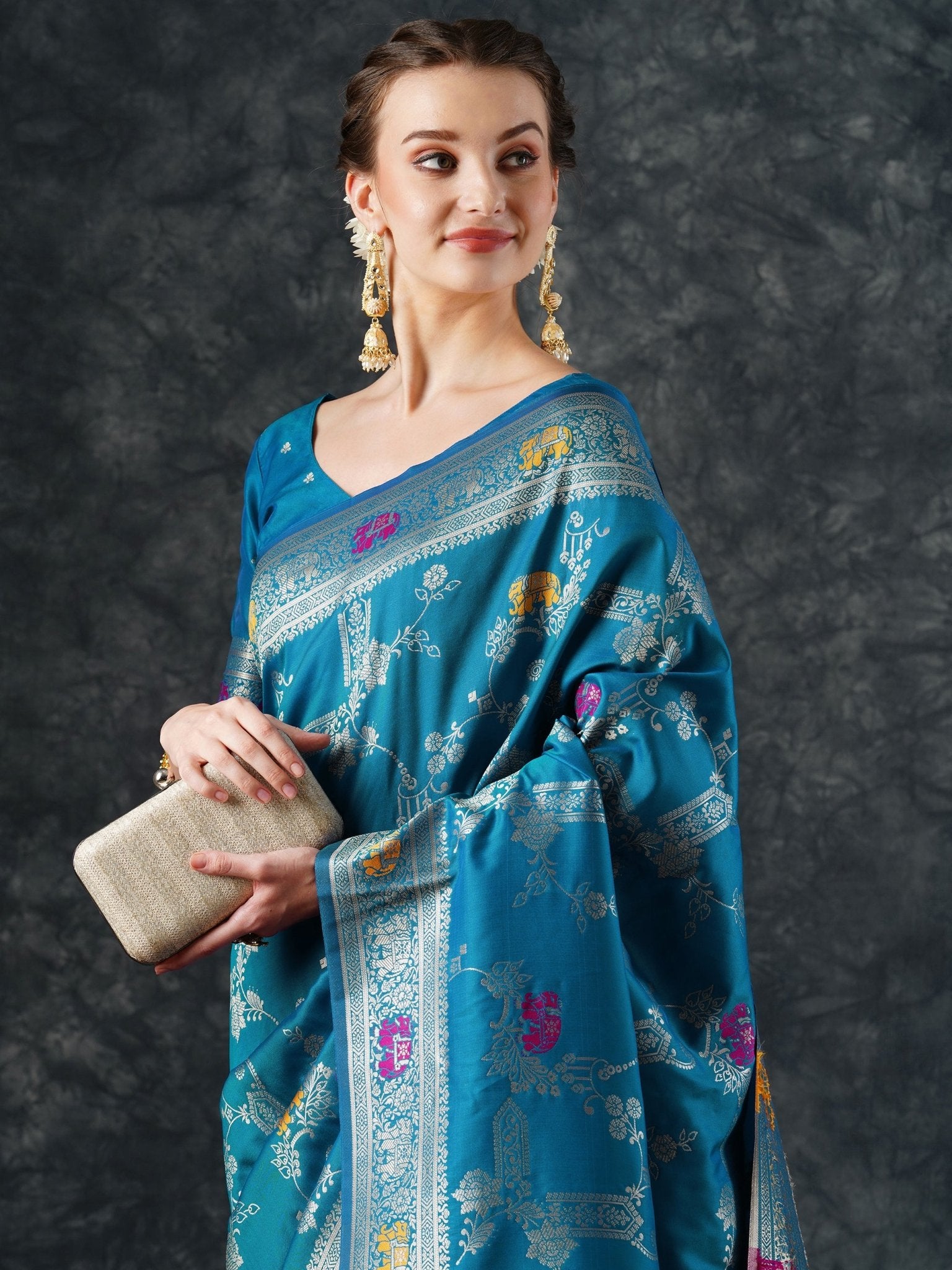 Teal Banarasi Silk Saree with Meenakari Weave – - Ressa
